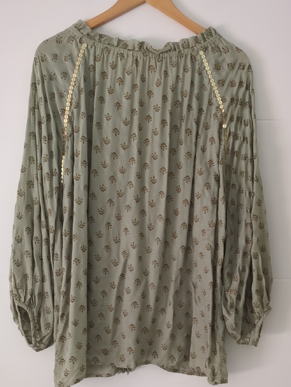 Miss June Paris Light Green Gold Dot Peasant Blouse - Women Tops Boho Beach Sz L - Picture 7 of 8